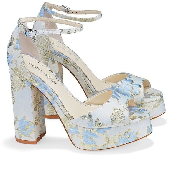 New Bella Belle CATARINA Blue Floral Jacquard Platform Sandals with Ankle Straps - Picture 1 of 11